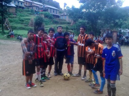 Bhalchandra School football tournament participants, (photo provided by Binod, in center).